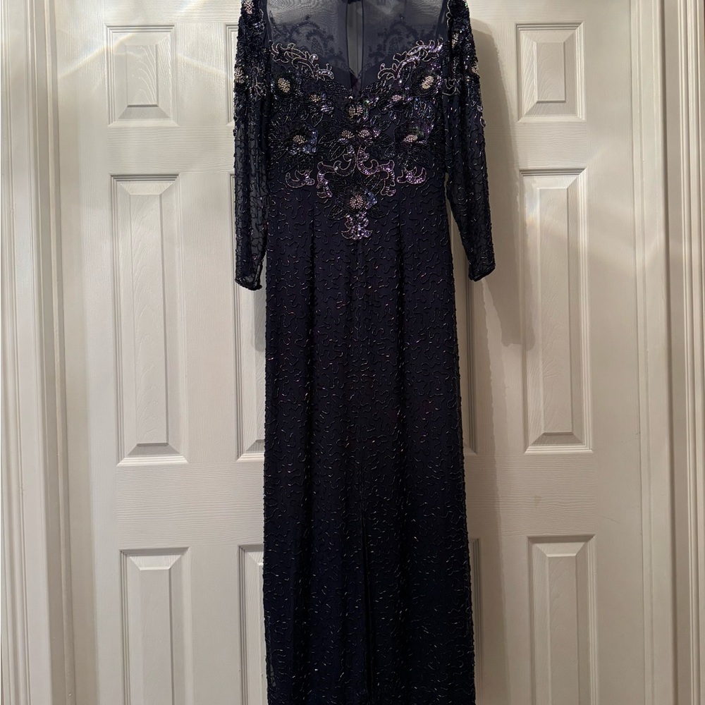 Elegant Navy Beaded Evening Dress with Embroidered Accents